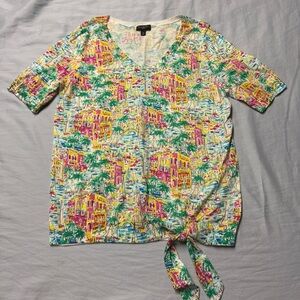 Talbot Santorini Greece Print Tie-Hem V-Neck Top in Bright Multi